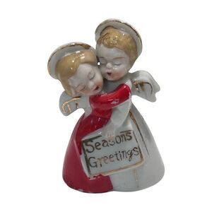 Vtg 50s Ardalt Seasons Greetings Christmas Ornament White & Red Hugging Angels